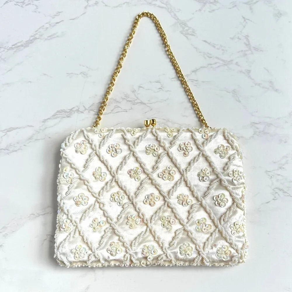 Vintage Cream Convertible Clutch Evening Bag With Sequins & Beads Hand Made - Picture 1 of 11